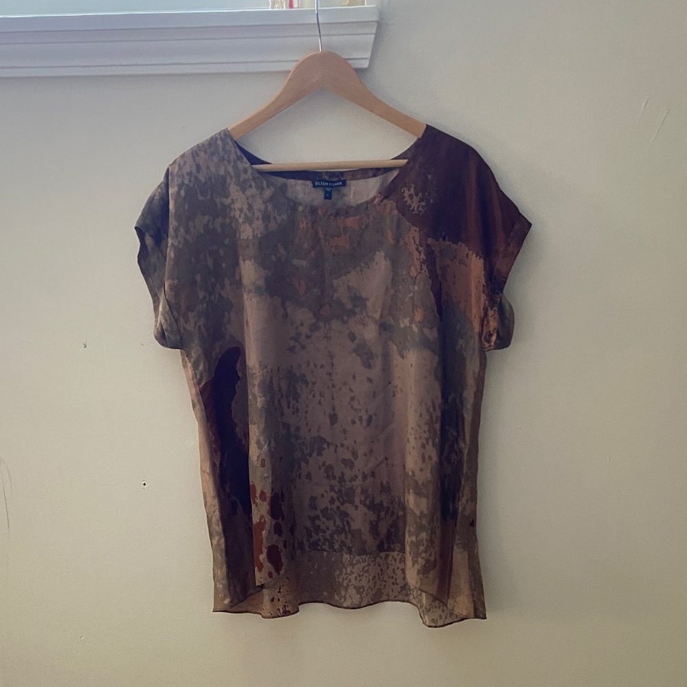 Eileen Fisher Abstract Brown and Tan Silk Cap-Sleeve Blouse